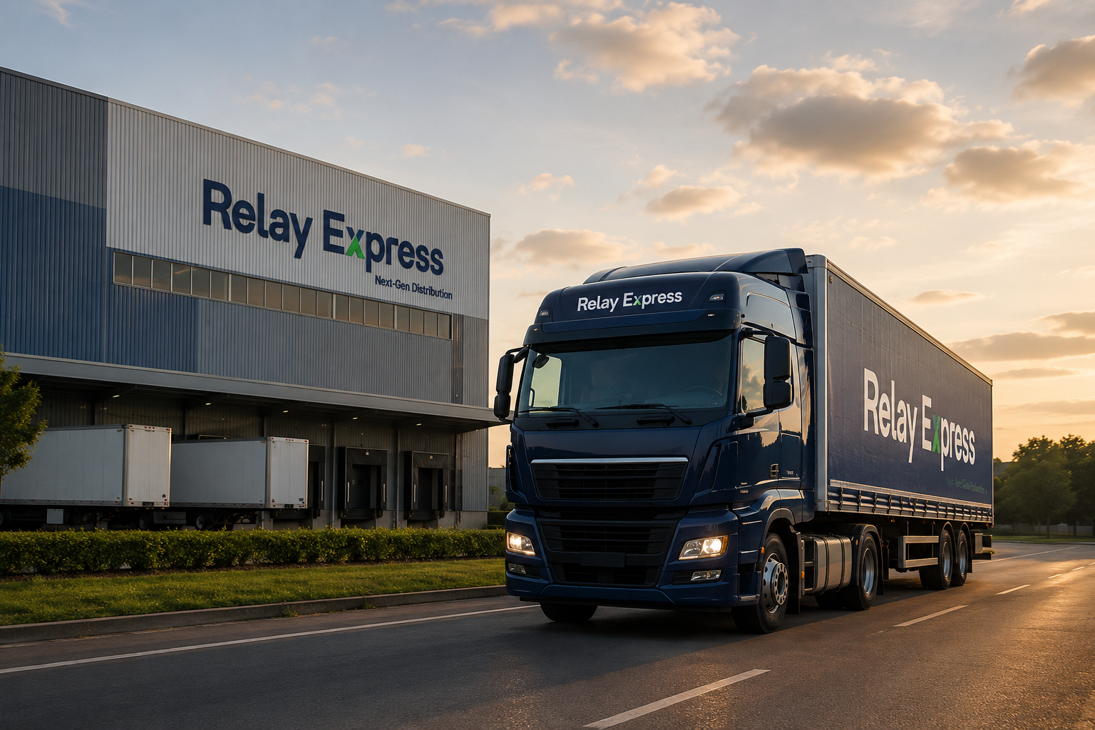 Relay Express logistics hub with delivery truck at the distribution center